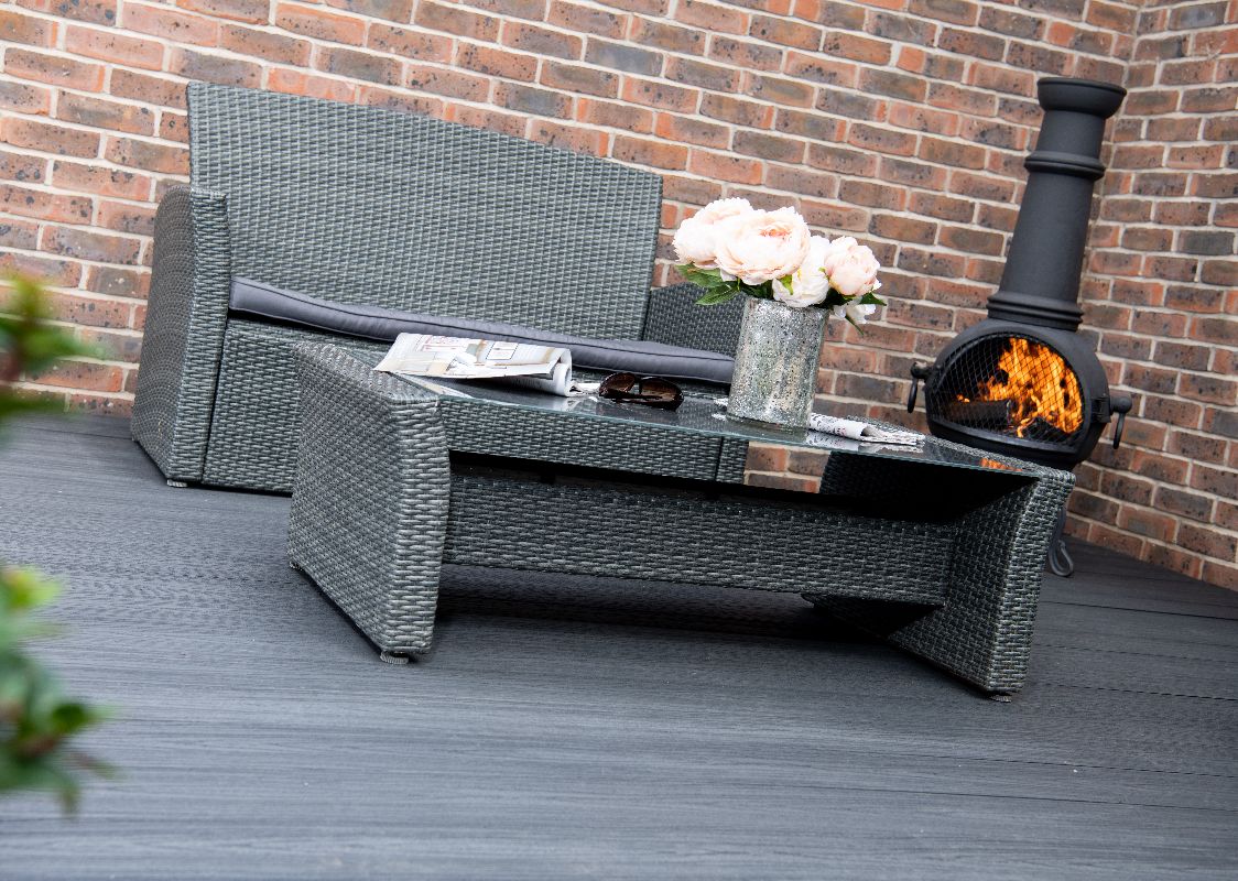 Garden furniture and fire pit on Alchemy Habitat decking